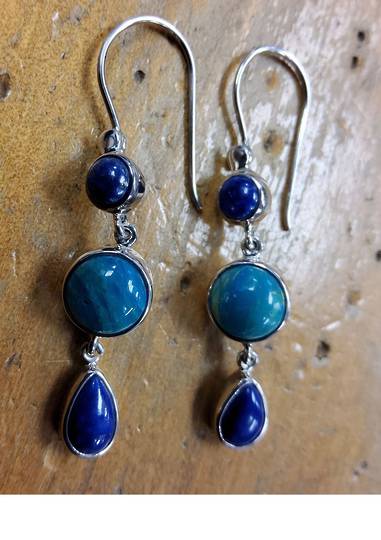 Sterling Silver Lapis and Blue Opal Triple Drop Earrings